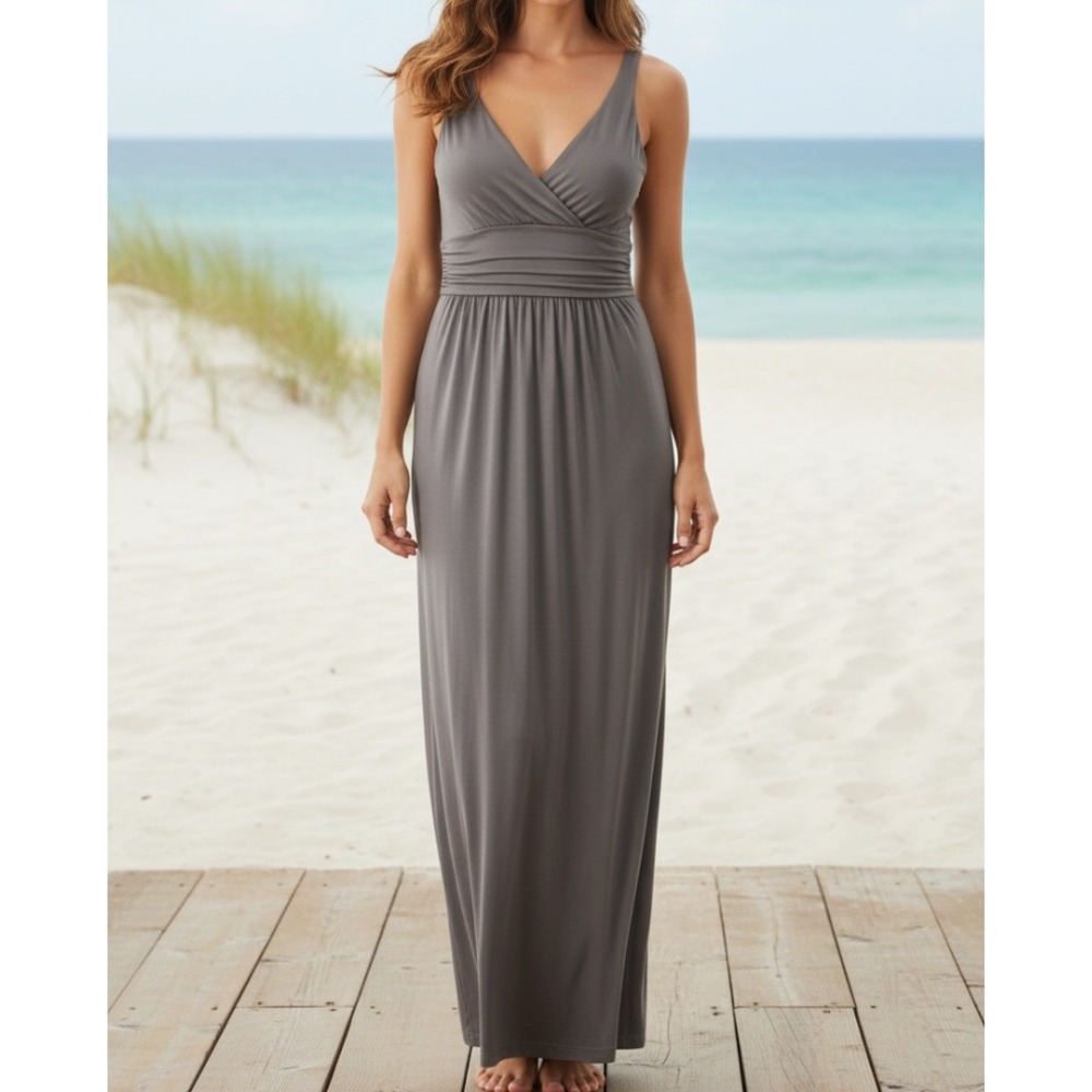 J. JILL Jersey Knit CHARCOAL GRAY Sleeveless RUCHED WAISTLINE Maxi Tank Dress 2